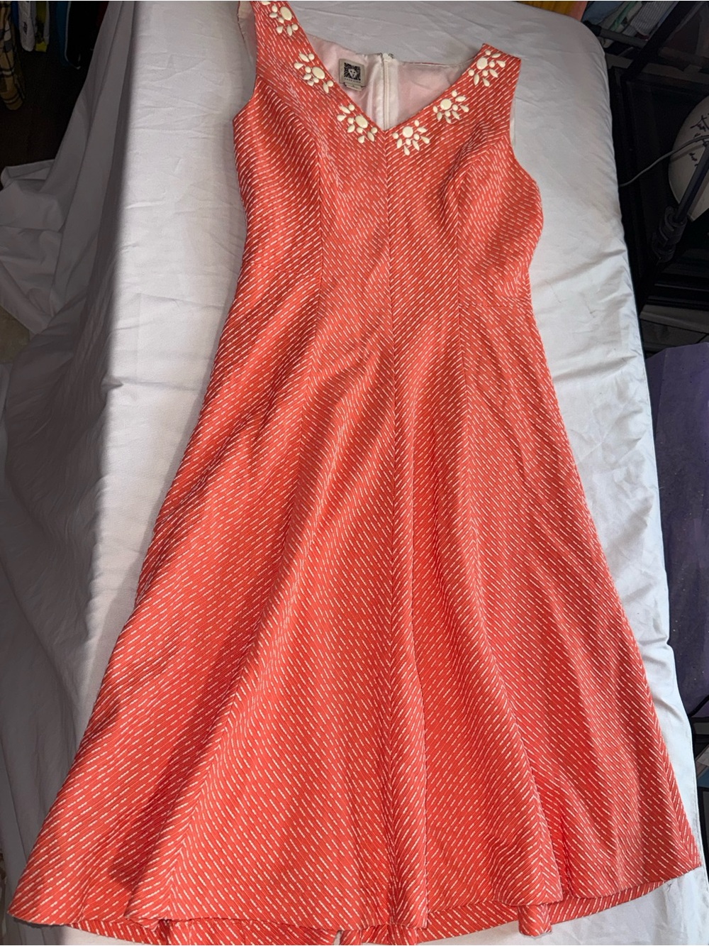Anne Klein Coral Sleeveless Midi Dress with Embellished V-Neck Size 4